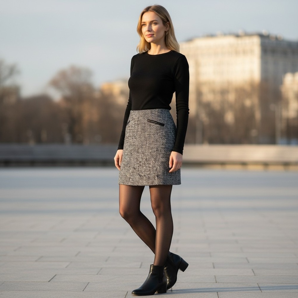 Banana Republic Petite Mini Pencil Skirt Black Grey Herringbone Tweed 00 $69 NWT